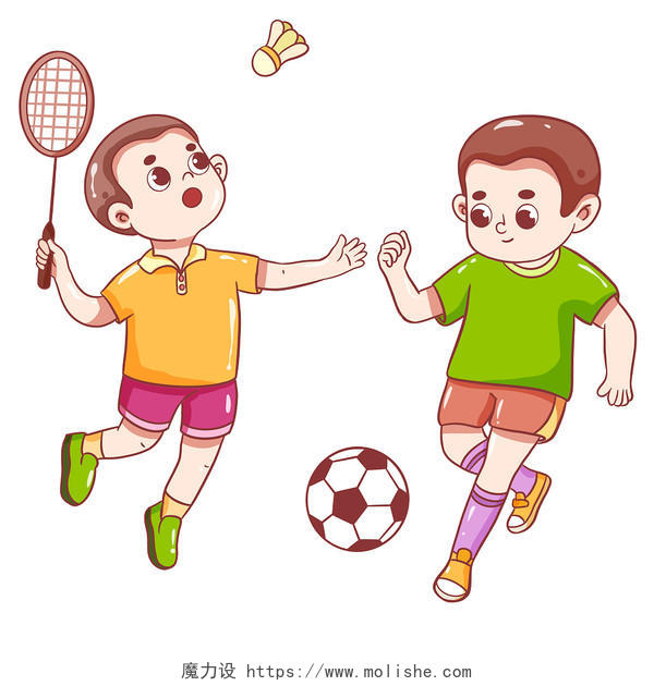 运动打羽毛球卡通踢球人物跑步健身运动png元素运动人物插画